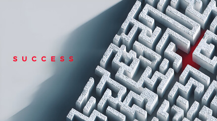 Top view of a white maze with a highlighted red path and the word “SUCCESS,” symbolizing finding direction and clarity in complex challenges.