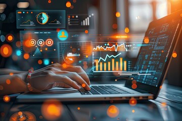 A person's hands are shown typing on a laptop with various data visualizations, charts, and graphs projected onto the screen, creating a dynamic and modern image representing data analysis o