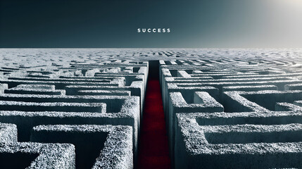 Aerial view of a maze with a red path leading to “SUCCESS,” symbolizing finding the right way, overcoming challenges, and achieving goals.