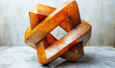 Abstract geometric sculpture, warm orange hue, resting on a light marble surface