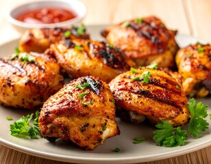 Grilled chicken pieces on a plate