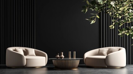 Contemporary interior design with elegant beige armchairs and a stylish coffee table. Dark fluted wall creates a luxurious and minimalist living space