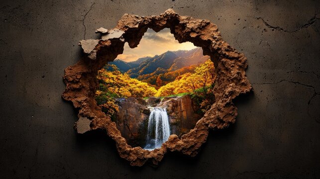 Surreal breakthrough in a dark wall revealing a hidden paradise with a vibrant autumn waterfall and golden forest landscape