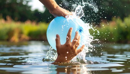 Hands dropping a water balloon in water
