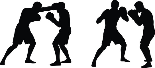 Boxing silhouette illustration of two athletes sparring in fighting stance, training action, competitive sport design concept perfect for fitness, martial arts projects