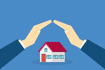 House with a protective hands. For security concepts, protection of private property. Insurance, mortgage, credit.	
