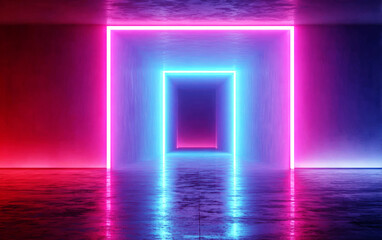 Neon-lit futuristic corridor with vibrant pink and blue lights