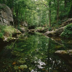 Fototapeta premium Tranquil forest stream reflecting lush canopy