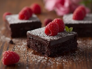 "Hyper-realistic macro food photography of rich fudgy chocolate brownies stacked on a handcrafted wooden plate, topped with fresh raspberries glistening with dew, powdered sugar delicately sprinkled, 