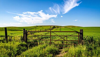 Open field gate under a vivid sky