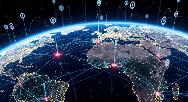 A digital earth with glowing network connections and location icons over continents at night time view - Powered by Adobe