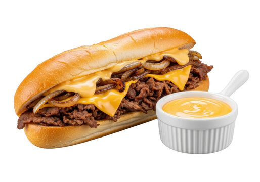 Pristine Philly cheesesteak (ribeye, onions, Cheez Whiz, baguette) at 45-degree angle, with cheese sauce ramekin on gray studio background. Commercial food photography concept