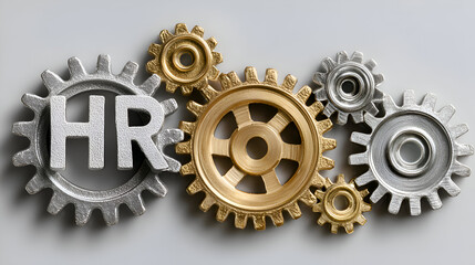 Metallic gears with HR text, symbolizing human resources, teamwork, and smooth organizational workflow for business efficiency and strategy.