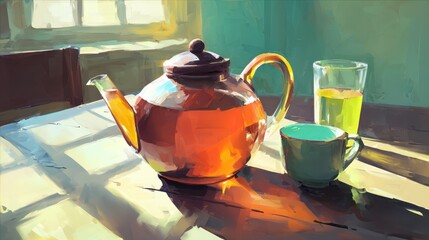 Warm sunlight teapot and cup