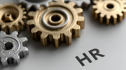 Close-up of gold and silver gears with “HR” text, symbolizing human resources, teamwork, and efficient organizational processes in business.