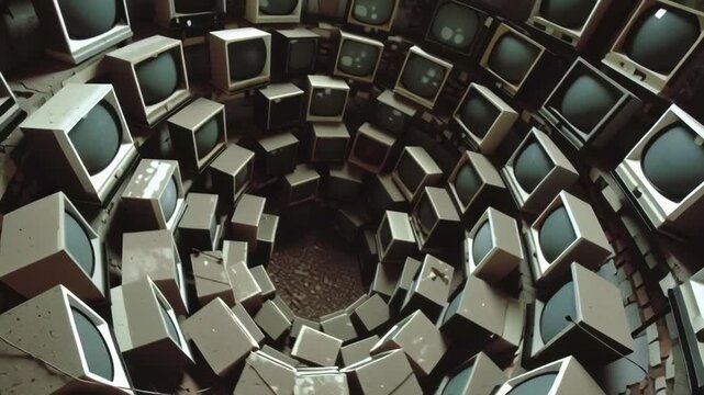 Exploration of a Room Full of Circular Stacked Old TVs.