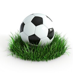A classic black and white soccer ball rests in a small patch of vibrant green grass, set against a stark white background, creating a clean and visually appealing image