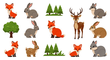 Fototapeta premium Charming cartoon forest animals and trees set, featuring cute foxes, playful rabbits, majestic deer, and whimsical squirrels, ideal for children's designs and nature projects