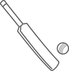 Cricket bat and ball outline vector illustration, sports equipment design, isolated simple line art icon for game, training, competition, and tournament