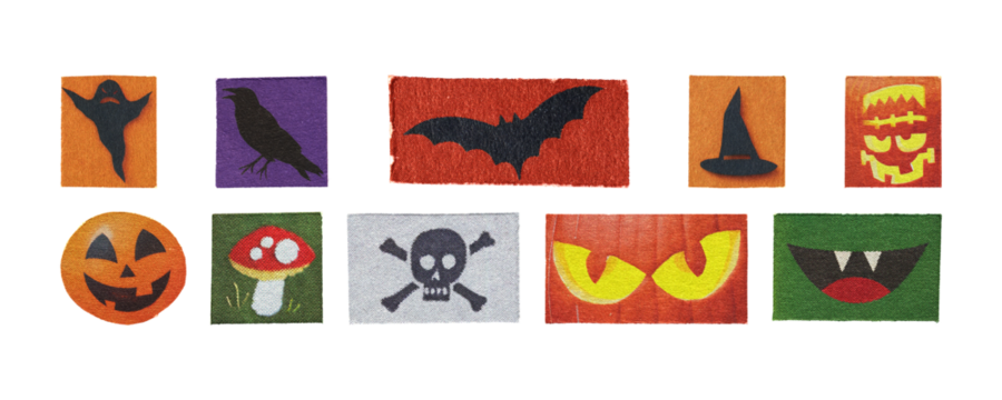 minimal halloween png icons, clean magazine cutout pumpkins bats ghosts on transparent for modern design
