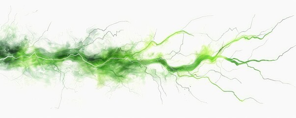 Abstract green energy stream, flowing across white background; branching, lightning-like patterns