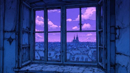 Window view of cityscape at dusk