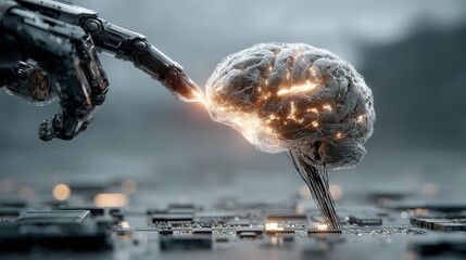 Obraz premium Robotic hand finger touches an active glowing human brain on a detailed circuit board