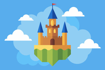 Fototapeta premium Cartoon floating castle above the clouds vector illustration