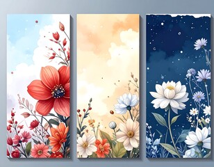 Floral tripartite artwork featuring various flowers and foliage