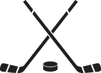 Crossed hockey sticks with puck symbol, ice hockey equipment silhouette design, sports competition illustration, black vector icon isolated on white background