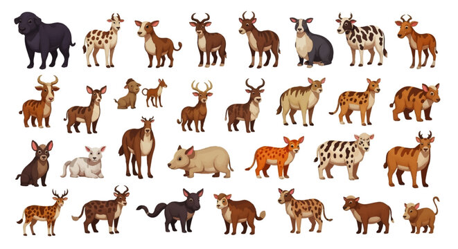 Collection of diverse farm animals and wildlife mammals displayed in a stylized illustration