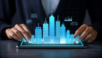 Futuristic holographic cityscape displayed on tablet with business person