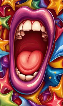 Bold Cartoon Mouth in Vibrant Colorful Background