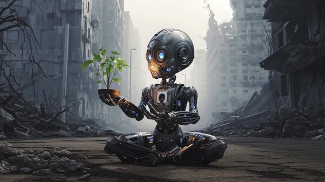4k Futuristic robot sitting in post-apocalyptic city ruins holding a small green plant, symbolizing AI sustainability, hope, environmental recovery, and technology rebuilding a destroyed world.