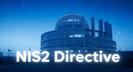 Fototapeta premium Envisioning robust digital resilience and network information security, illustrated by a striking modern government building at night, symbolizing evolving regulatory frameworks
