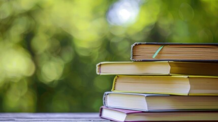 A stack of colorful books rests on a wooden surface. The background features a blurred green landscape, suggesting a peaceful outdoor reading environment.