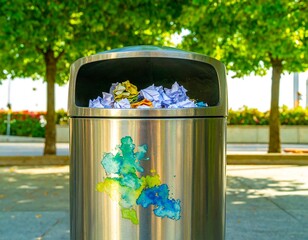 Outdoor trash can overflowing with crumpled paper