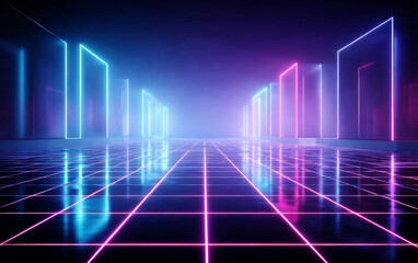 Fototapeta premium Futuristic neon-lit corridor with glowing lines and geometric shapes