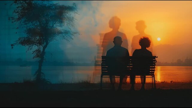 Conceptual video of elderly couple on bench at sunset, younger selves appear as transparent silhouettes symbolizing overlapping timelines
