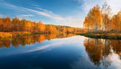 Russian Landscape Birch Trees And Sky Reflecting In The Water With The River Stretching Out Into The Distance