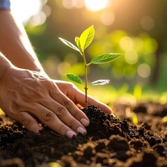 Hands planting a young sapling in rich soil, bathed in sunlight