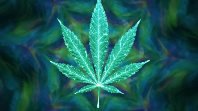 Psychedelic Cannabis Leaf - A vibrant, teal-colored cannabis leaf is showcased against a swirling, abstract background of greens and blues.