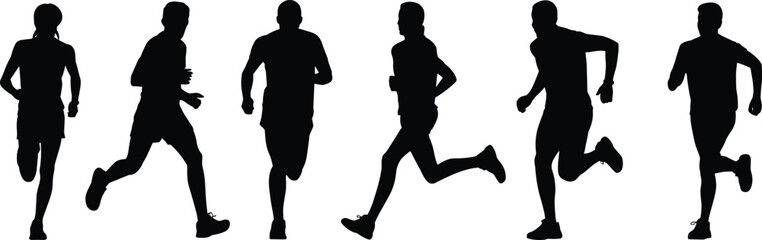 Obraz premium Group of runners silhouette illustration, jogging and fitness training vector design, healthy lifestyle, marathon athletes running activity, exercise concept for sports projects