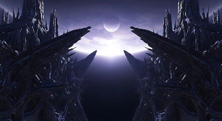 Alien World Landscape with Futuristic Architecture and Celestial Bodies