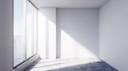 Minimalist empty room featuring a large window, filled with soft ambient daylight for a modern interior feel.