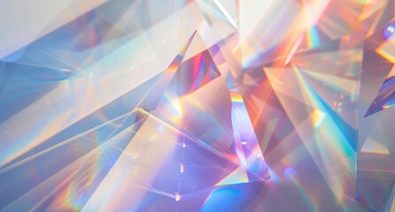 Abstract image of translucent geometric shapes, showcasing vibrant prismatic light refractions and reflections in pastel hues, creating a dynamic and ethereal visual effect