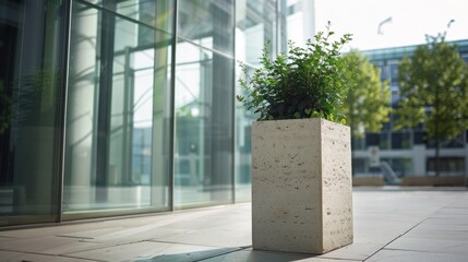 A modern planter with green foliage stands in front of a glass building. The scene is bright and showcases urban landscaping.