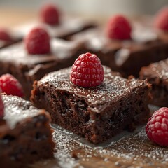 "Hyper-detailed macro shot of chocolate brownies, glossy edges, fudgy interior, raspberries placed perfectly on top, powdered sugar glistening under natural morning light, cinematic composition