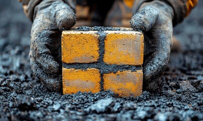 Close-up of hands in dirty gloves carefully placing a paving block