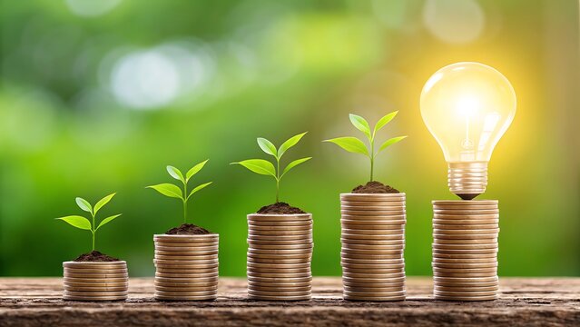 Growing plants on stacks of coins with a glowing light bulb symbolizing growth and ideas